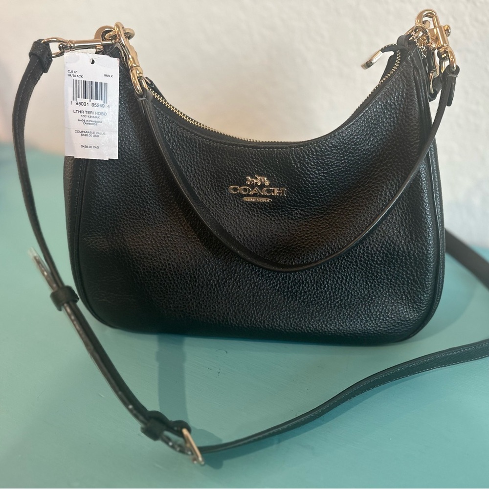 Coach Teri Hobo Bag - Black Pebbled Leather with Gold Embellishments - NWT - Picture 2 of 10